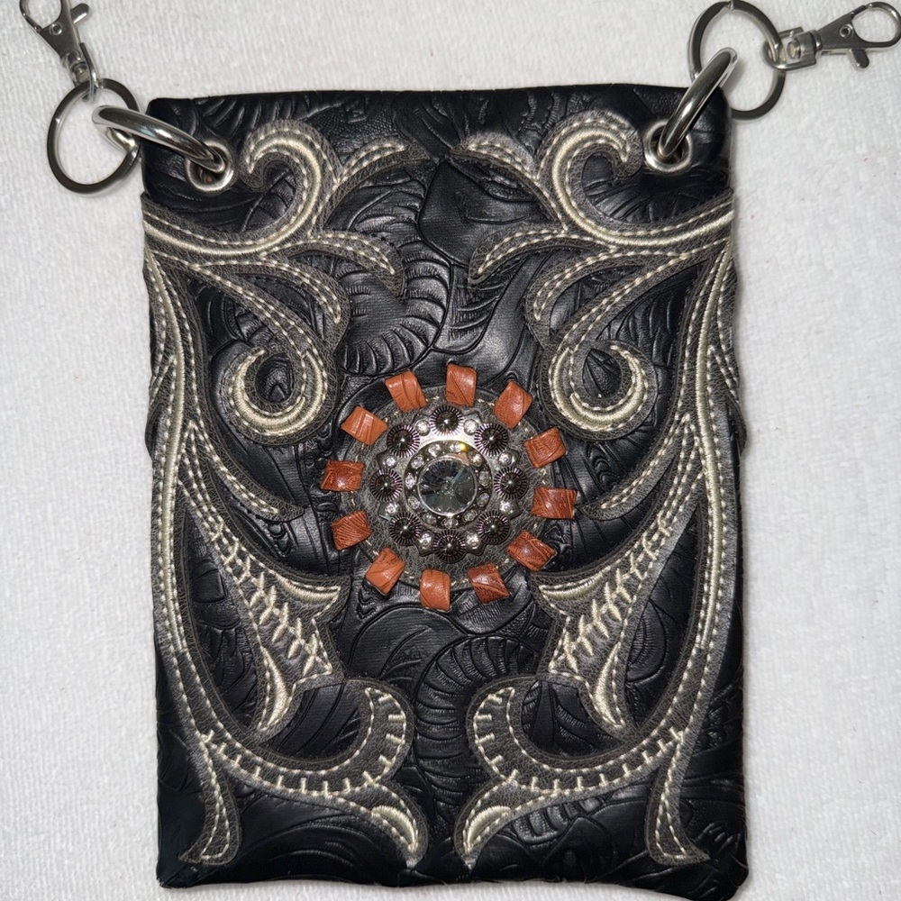 Vintage Boya Cowboy Satchel Belt Bag with Hooks, Black and Brown Rhinestones